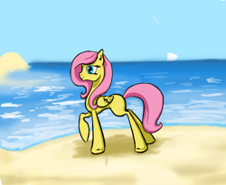 Size: 988x809 | Tagged: safe, artist:joan-grace, fluttershy, pegasus, pony, g4, beach, female, mare, missing cutie mark, outdoors, smiling, solo, wings