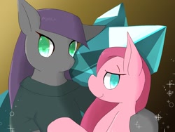 Size: 1600x1200 | Tagged: safe, artist:sc_kis_rko, maud pie, pinkie pie, earth pony, pony, g4, colored pupils, crystal, duo, female, hoof around neck, looking at you, mare, pinkamena diane pie, siblings, sisters, sparkles