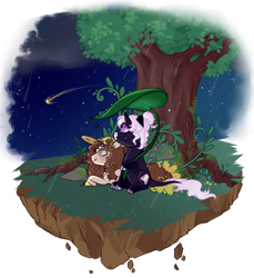 Size: 800x875 | Tagged: safe, artist:lavvythejackalope, oc, oc only, pony, unicorn, commission, duo, floating island, hat, horn, looking up, night, shooting star, simple background, stars, sun hat, transparent background, tree, unicorn oc, ych result