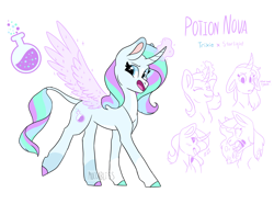 Size: 2410x1796 | Tagged: safe, artist:moccabliss, potion nova, pony, unicorn, artificial wings, augmented, biography in description, coat markings, colored hooves, curved horn, floppy ears, horn, leonine tail, magic, magic aura, magic wings, magical lesbian spawn, offspring, parent:starlight glimmer, parent:trixie, parents:startrix, redesign, socks (coat markings), solo, white belly, wings
