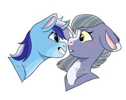 Size: 1768x1408 | Tagged: safe, artist:moccabliss, limestone pie, minuette, earth pony, pony, unicorn, g4, blushing, bust, crack shipping, curved horn, female, floppy ears, grin, heart eyes, horn, lesbian, limette, looking at each other, mare, personal space invasion, shipping, simple background, smiling, watermark, white background, wingding eyes