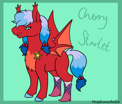 Size: 1750x1500 | Tagged: safe, artist:misskanabelle, oc, oc only, oc:cherry starlet, bat pony, pony, abstract background, bat pony oc, bat wings, boots, chest fluff, female, mare, shoes, signature, solo, wings