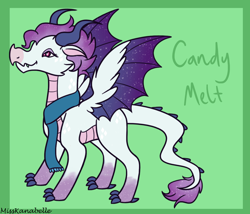 Size: 1750x1500 | Tagged: safe, artist:misskanabelle, oc, oc only, oc:candy melt, dracony, dragon, hybrid, abstract background, clothes, dragon oc, dragoness, female, scarf, signature, solo, starry wings, wings