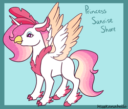 Size: 1750x1500 | Tagged: safe, artist:misskanabelle, oc, oc only, oc:sunrise shore, classical hippogriff, hippogriff, abstract background, chest fluff, female, hippogriff oc, interspecies offspring, offspring, parent:oc:queen rhea, parent:prince blueblood, parents:canon x oc, signature, solo