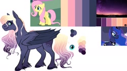 Size: 1971x1111 | Tagged: safe, artist:eperyton, oc, alicorn, pegasus, pony, eyelashes, female, magical lesbian spawn, mare, offspring, parent:fluttershy, parent:princess luna, parents:lunashy, pegasus oc, peytral, screencap reference, two toned wings, wings