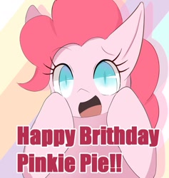 Size: 1181x1246 | Tagged: safe, artist:sc_kis_rko, earth pony, pony, abstract background, bust, female, happy birthday, hooves on cheeks, mare, open mouth, open smile, pinkie pie's birthday, smiling, solo