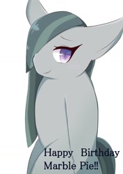 Size: 1191x1684 | Tagged: safe, artist:sc_kis_rko, marble pie, earth pony, pony, g4, female, hair over one eye, happy birthday, mare, simple background, solo, white background