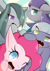 Size: 1191x1684 | Tagged: safe, artist:sc_kis_rko, limestone pie, marble pie, maud pie, pinkie pie, earth pony, pony, g4, abstract background, cross-popping veins, eye clipping through hair, female, floppy ears, hair over one eye, hoof on head, mare, one eye closed, open mouth, pie sisters, siblings, sisters, wink