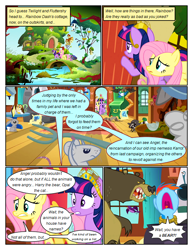 Size: 612x792 | Tagged: safe, artist:newbiespud, edit, edited screencap, screencap, fluttershy, harry, rainbow dash, twilight sparkle, bear, mouse, pegasus, pony, unicorn, comic:friendship is dragons, g4, magical mystery cure, my little pony: friendship is magic, angry, comic, dialogue, element of magic, female, fluttershy's cottage, fork, gritted teeth, mare, open mouth, raised hoof, screencap comic, unicorn twilight