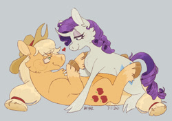 Size: 1118x786 | Tagged: safe, artist:beyhr, applejack, rarity, earth pony, pony, unicorn, g4, cheek fluff, chest fluff, cloven hooves, colored eyelashes, colored hooves, cowboy hat, cuddling, curved horn, female, gray background, hat, heart, horn, lesbian, lidded eyes, mare, ship:rarijack, shipping, simple background, smiling, unshorn fetlocks