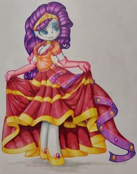 Size: 1983x2528 | Tagged: safe, artist:shadowhawx, rarity, human, g4, alternate hairstyle, blushing, breasts, cleavage, clothes, dress, female, gala dress, humanized, pencil drawing, solo, traditional art