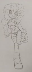 Size: 1562x3469 | Tagged: safe, artist:shadowhawx, pinkie pie, equestria girls, g4, breasts, busty pinkie pie, cleavage, clothes, converse, female, grin, happy, looking at you, monochrome, overalls, pencil drawing, shoes, smiling, socks, solo, striped legwear, thigh highs, traditional art
