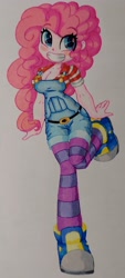 Size: 1710x3796 | Tagged: safe, artist:shadowhawx, pinkie pie, equestria girls, g4, breasts, cleavage, clothes, converse, female, grin, happy, looking at you, overalls, pencil drawing, shoes, smiling, socks, solo, striped legwear, thigh highs, traditional art