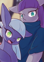 Size: 849x1200 | Tagged: safe, artist:sc_kis_rko, limestone pie, maud pie, earth pony, pony, semi-anthro, g4, clothes, duo, female, floppy ears, frown, mare, siblings, sisters