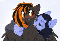 Size: 1500x1031 | Tagged: safe, artist:trickate, oc, oc only, oc:mayday, oc:skiu, pegasus, pony, rcf community, female, from behind, licking, neck licking, skiuday, tongue out