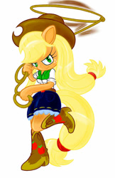 Size: 776x1200 | Tagged: safe, artist:shadowhawx, applejack, earth pony, anthro, plantigrade anthro, g4, beautiful, beautiful eyes, beautiful hair, belt, blonde hair, boots, clothes, cowboy boots, cowboy hat, cowgirl, cute, denim skirt, equestria girls outfit, female, freckles, green eyes, hat, high heel boots, high heels, jackabetes, lasso, looking at you, orange skin, raised leg, rope, simple background, skirt, smiling, solo, stetson, white background, yellow hair
