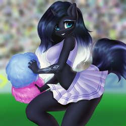 Size: 2000x2000 | Tagged: safe, artist:yutakira92, oc, oc only, oc:mystic shadow, unicorn, anthro, breasts, cheerleader, clothes, commission, female, high res, horn, looking at you, mare, pom pom, skirt, smiling, solo, ych result