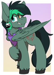 Size: 1275x1765 | Tagged: safe, artist:kirbirb, oc, oc only, oc:target strike, pegasus, pony, clothes, ear piercing, earring, heterochromia, jewelry, piercing, scarf, simple background, solo, unshorn fetlocks