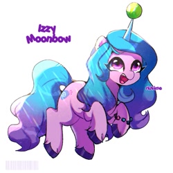 Size: 1263x1263 | Tagged: safe, artist:riukime, izzy moonbow, pony, unicorn, g5, ball, bracelet, cute, female, horn, horn guard, horn impalement, hornball, izzy's tennis ball, izzybetes, jewelry, mare, open mouth, simple background, solo, tennis ball, text, unshorn fetlocks, white background