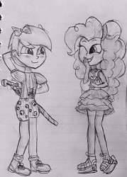 Size: 2108x2948 | Tagged: artist needed, safe, pinkie pie, oc, oc:frost d. tart, equestria girls, g4, blushing, bow, clothes, cosplay, costume, crossdressing, equestria girls-ified, giggling, hair bow, high res, monochrome, ponponpon, traditional art