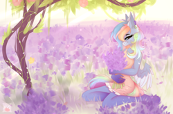 Size: 4598x3024 | Tagged: safe, artist:elektra-gertly, oc, oc only, butterfly, pegasus, anthro, unguligrade anthro, clothes, dress, field, flower, flower in hair, lavender, solo, tree