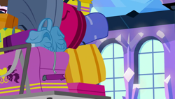 Size: 1280x727 | Tagged: safe, screencap, equestria games (episode), g4, background, bag, crystal empire, no pony, scenic ponyville, suitcase, train station, window