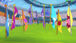 Size: 1280x727 | Tagged: safe, screencap, equestria games (episode), g4, background, cloudsdale flag, crowd, crystal empire, crystal empire flag, flag, flags of equestrian regions, griffonstone flag, ponyville flag, scenic ponyville, stadium