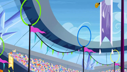 Size: 1280x727 | Tagged: safe, screencap, equestria games (episode), g4, background, banner, cloud, crowd, crystal empire, scenic ponyville, stadium