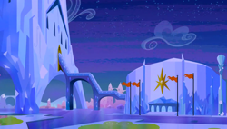 Size: 1280x727 | Tagged: safe, screencap, equestria games (episode), g4, background, cloud, crystal castle, crystal empire, flag, no pony, scenic ponyville, twilight (astronomy)