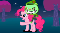 Size: 1024x576 | Tagged: safe, artist:nemaohtf, pinkie pie, g4, angry, crossover, evil, evil smile, flippy, fliqpy, grin, gun, happy tree friends, lock and load, pointing, raised hoof, riding, smiling, this will end in death, this will end in pain, this will not end well, weapon
