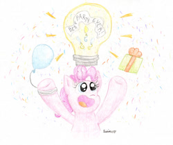 Size: 1024x855 | Tagged: safe, artist:kirbyliscious, pinkie pie, earth pony, pony, g4, balloon, cute, idea, lightbulb, open mouth, open smile, present, smiling, solo, sparkly eyes, traditional art, wingding eyes