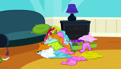 Size: 1280x727 | Tagged: safe, screencap, equestria games (episode), g4, background, clothes, couch, feather, hotel room, lamp, liminal space, no pony, scenic ponyville, suitcase
