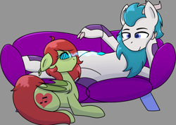 Size: 3129x2212 | Tagged: safe, artist:askhypnoswirl, oc, oc:ketten moon, oc:melody heartsong, bat pony, kirin, claws, couch, crystal, high res, horns, hypnosis, swirly eyes, wings