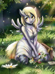 Size: 850x1135 | Tagged: safe, artist:mdwines, derpy hooves, pegasus, anthro, g4, breasts, cleavage, clothes, cottagecore, cute, derpabetes, dress, featured image, female, floral head wreath, flower, flower in hair, forest, grass, jewelry, kneeling, mail, mixed media, necklace, off shoulder, open mouth, open smile, outdoors, park, smiling, solo, spread wings, summer, summer dress, sundress, white dress, wings
