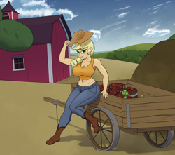 Size: 4762x4202 | Tagged: safe, artist:thehuskylord, applejack, human, g4, absurd resolution, apple, apple cart, applejack's hat, barn, belly button, big breasts, boots, breasts, busty applejack, cart, cleavage, clothes, cowboy hat, female, food, hat, hat tip, humanized, looking at you, midriff, orchard, pants, ponytail, shoes, smiling, solo, stupid sexy applejack, sweet apple acres, tank top, tree, wheel, wide hips