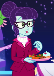 Size: 475x671 | Tagged: safe, screencap, rosette nebula, sci-twi, twilight sparkle, equestria girls, g4, my little pony equestria girls: better together, twilight under the stars, cropped, cupcake, eating, female, food, glasses, hair bun, hors d'oeuvre, offscreen character