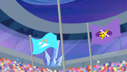 Size: 1280x727 | Tagged: safe, screencap, equestria games (episode), g4, background, cloudsdale flag, crowd, crystal, crystal empire, flag, flags of equestrian regions, scenic ponyville, stadium, twilight (astronomy)