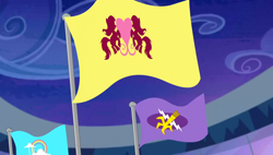 Size: 1280x727 | Tagged: safe, screencap, equestria games (episode), g4, background, cloud, cloudsdale flag, crystal empire, flags of equestrian regions, no pony, ponyville flag, scenic ponyville, stadium, twilight (astronomy)