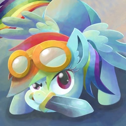 Size: 2048x2048 | Tagged: safe, artist:catscratchpaper, rainbow dash, pegasus, pony, g4, goggles, high res, mouth hold, solo, sword, weapon