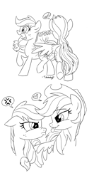 Size: 1066x2001 | Tagged: safe, artist:sketchyjackie, applejack, rainbow dash, earth pony, pegasus, pony, g4, :p, accessory swap, accessory theft, applejack is a spankaholic, applejack is not amused, behind, butt touch, cropped, cross-popping veins, feathermarking, female, floating heart, heart, lesbian, lineart, mare, monochrome, open mouth, pouty lips, raised hoof, ship:appledash, shipping, simple background, smack, smiling, spanking, standing, surprised, tongue out, unamused, white background, wing slap, wings, wingspank