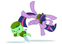 Size: 1096x780 | Tagged: safe, artist:culu-bluebeaver, twilight sparkle, alicorn, bear, pony, g4, action, close call, clothes, fight, flippy, happy tree friends, knife, this will end in pain, twilight sparkle (alicorn)