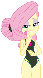 Size: 1024x1850 | Tagged: safe, artist:emeraldblast63, fluttershy, equestria girls, equestria girls series, forgotten friendship, g4, alternate hairstyle, beach shorts swimsuit, clothes, eyeshadow, female, fluttershy's beach shorts swimsuit, fluttershy's one-piece swimsuit, legs together, lidded eyes, makeup, one-piece swimsuit, simple background, smiling, solo, swimsuit, teeth, transparent background, vector