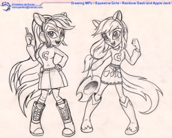 Size: 1200x960 | Tagged: safe, artist:elinewton, applejack, rainbow dash, human, equestria girls, g4, my little pony equestria girls, boots, clothes, duo, female, fist, hat off, headphones, holding hat, open mouth, open smile, pencil drawing, pigeon toed, pointing, raised arm, shoes, skirt, smiling, standing, sweater, tail, traditional art, watermark, wondercolt ears, wondercolts uniform