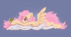 Size: 1045x548 | Tagged: safe, artist:draw3, fluttershy, pegasus, pony, g4, 3ds, chest fluff, cute, daaaaaaaaaaaw, dsi, ear fluff, female, fluffy, gamershy, hoof hold, lidded eyes, looking at something, lying down, mare, nintendo ds, nintendo ds lite, nintendogs, pillow, profile, prone, shyabetes, simple background, solo, spread wings, wing fluff, wings