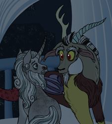 Size: 3612x4000 | Tagged: safe, artist:queenderpyturtle, discord, star swirl the bearded, draconequus, pony, g4, dialogue in the description, high res, implied gay, implied shipping, male, story included