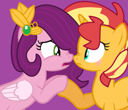 Size: 887x760 | Tagged: safe, artist:flyingcentar3, artist:jadeharmony, pipp petals, sunset shimmer, pegasus, pony, unicorn, g4, g5, base used, blushing, boop, female, g5 to g4, generation leap, holding hooves, lesbian, looking at each other, mare, noseboop, open mouth, purple background, ship:sunsetpipp, shipping, simple background