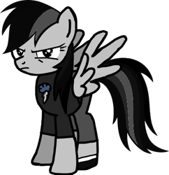 Size: 381x394 | Tagged: safe, artist:pagiepoppie12345, edit, oc, oc only, oc:greybow trash, pegasus, pony, angry, black and white, clothes, cloud, colorless, grayscale, looking at you, monochrome, pants, shoes, simple background, solo, transparent background, vector, wings