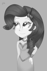 Size: 2000x3000 | Tagged: safe, artist:pearly* marshmallow, rarity, equestria girls, equestria girls series, g4, rarity investigates: the case of the bedazzled boot, black and white, clothes, detective rarity, dress, female, gray background, grayscale, high res, looking away, monochrome, simple background, smiling, solo