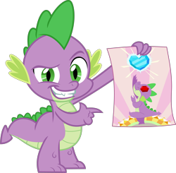 Size: 5901x5782 | Tagged: safe, artist:frownfactory, spike, dragon, g4, the crystalling, crystal heart, gem, gem eyes, grin, looking at you, male, pointing, poster, simple background, smiling, solo, teeth, transparent background, vector