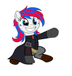 Size: 1349x1434 | Tagged: safe, artist:ngthanhphong, oc, oc:snowi, pony, fallout equestria, fallout equestria: project horizons, blue eyes, blue hair, boots, clothes, eyelashes, fallout, fanfic art, female, mare, pants, red and blue, red hair, shoes, smiling, solo, uniform, vault 44, white pony